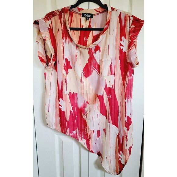 Hale Bob M Top Peach Orange SS Angle Top Shirt Blouse‎ Pocket Chiffon - Picture 1 of 6